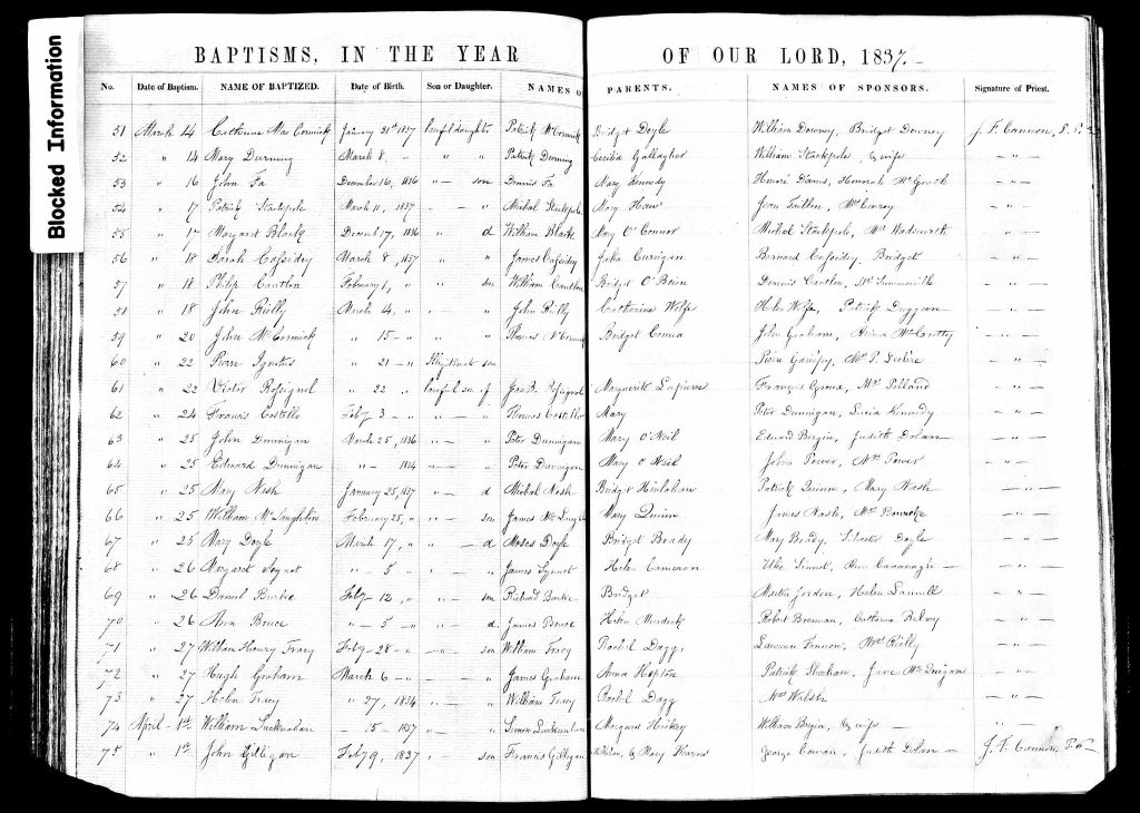 John McCormick baptism 1837 year list