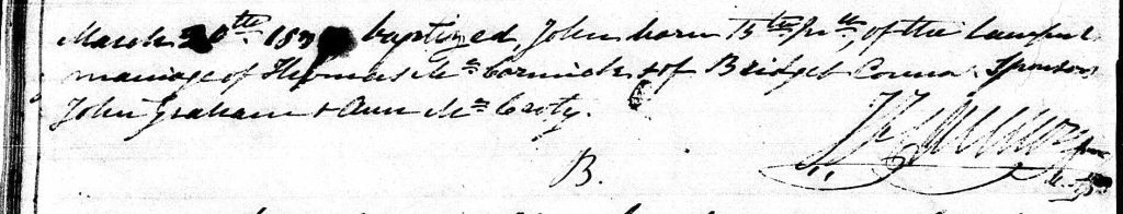 John McCormick baptismal record logged 1837 cropped